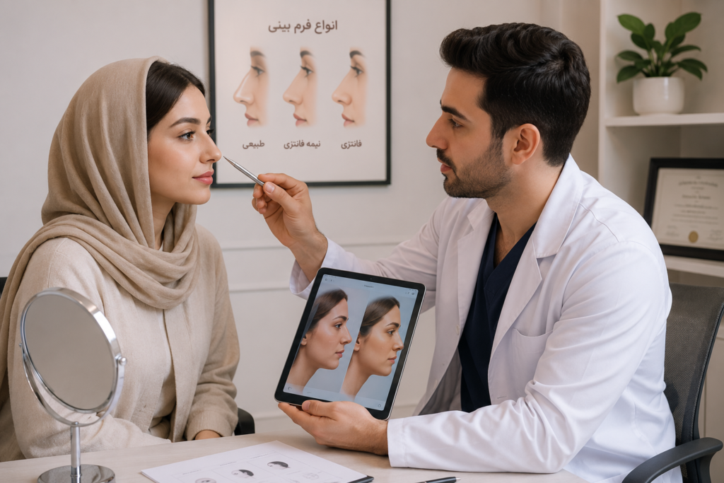 مشاوره پزشک با بیمار قبل از عمل بینی فانتزی