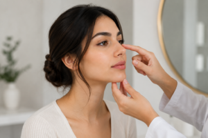 پزشک در حال بررسی فرم بینی بیمار قبل از عمل بینی طبیعی