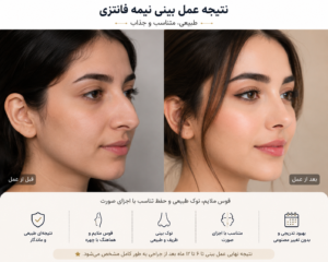 نتیجه قبل و بعد از عمل بینی نیمه فانتزی با قوس ملایم و ظاهر طبیعی