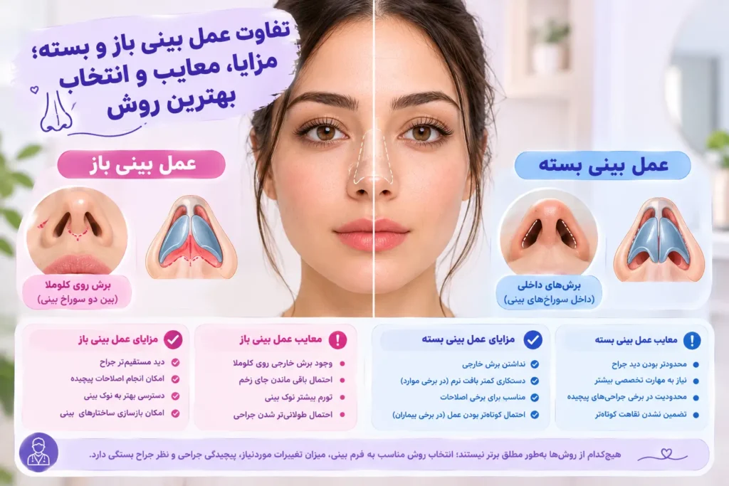 مقایسه عمل بینی باز و بسته و تفاوت محل برش‌ها و مزایای هر روش